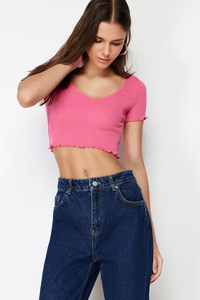 Trendyol Collection Ροζ κολάρο πισίνας Baby Overlock Λεπτομερής Crop Ribbed Πλεκτή Πλεκτή Μπλούζα TWOSS24BZ00197