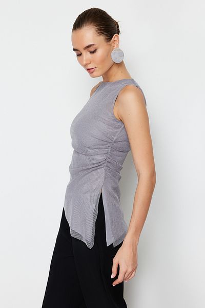 Trendyol Collection Γκρι τούλι μαζεμένο κανονικό μηδενικό μανίκι εύκαμπτη πλεκτή μπλούζα TWOSS24BZ00315