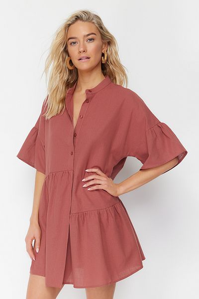 Trendyol Collection Tile Wide Fit Mini Woven Flounce 100% Cotton Beach Dress TBESS20EL0873