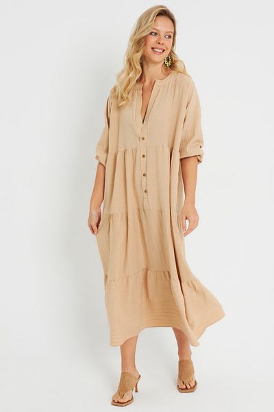 Cool & Sexy Γυναικείο φαρδύ μίντι φόρεμα Camel Q982