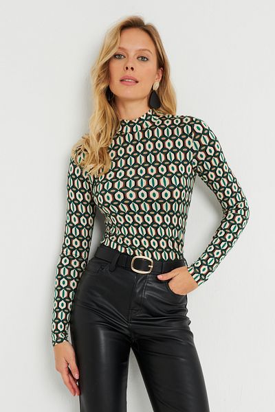 Cool & Sexy Women's Patterned Blouse Ecru-Green AYD288