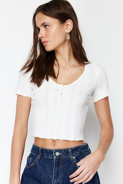 Trendyol Collection Ecru Placket Crop Pool Γιακάς Ριμπ Ευέλικτη Πλεκτή Μπλούζα TWOSS24BZ00364