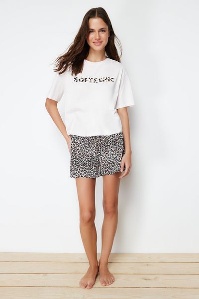 Trendyol Collection Bílá-vícebarevná 100% bavlna Pletené pyžamo s leopardím potiskem a šortkami THMSS24PT00041