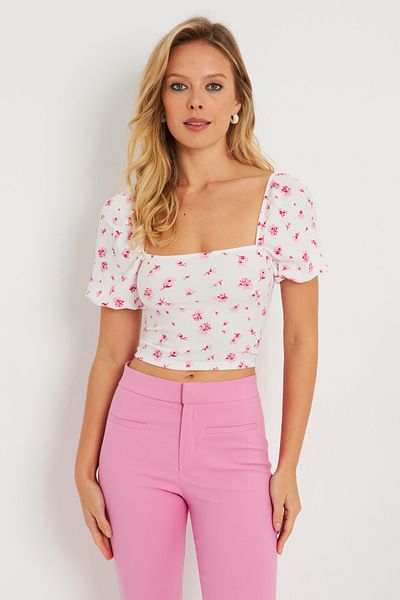 Cool & Sexy Γυναικεία Floral Crop Μπλούζα Λευκή AYD270
