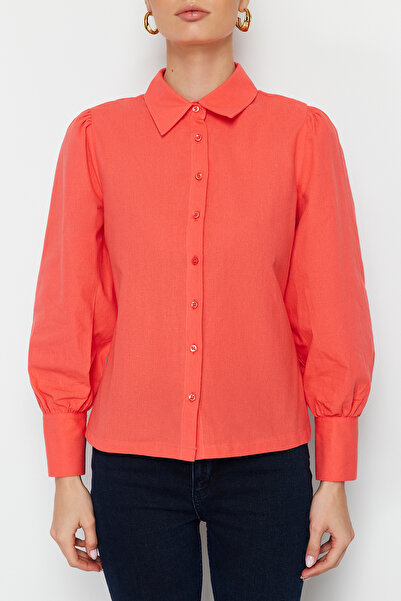 Trendyol Collection Pomegranate Flower Patterned Cotton Shirt - Balloon Sleeve, Regular Fit TWOSS20GO0065