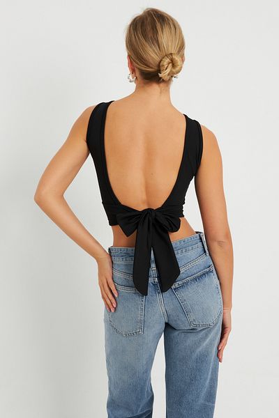 Cool & Sexy Fekete Crop blúz - nyakkendő vissza, EY2733