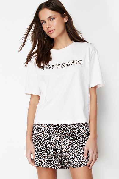 Trendyol Collection Bílá-vícebarevná 100% bavlna Pletené pyžamo s leopardím potiskem a šortkami THMSS24PT00041