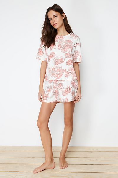 Trendyol Collection Beige Tropical Print 100% Cotton Shorts Pajamas Set - Thmss24Pt00035