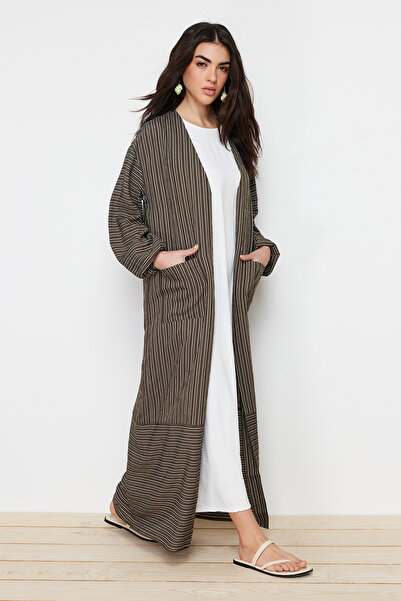 Trendyol Modest Χακί Long Linen Look Ριγέ υφασμένο καπάκι & Ferace & Abaya TCTSS24KF00003