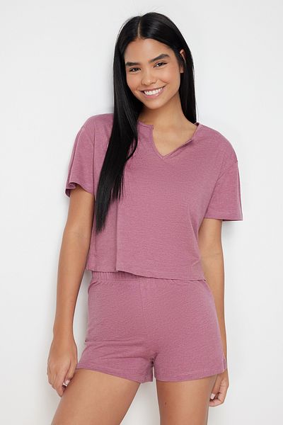 Trendyol Collection Detailní pletená sada růžového bavlněného pyžama THMSS24PT00028