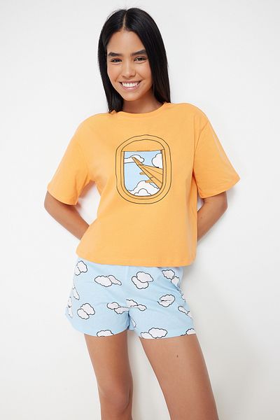 Trendyol Collection Narancssárga 100% pamut felhőmintás kötött pizsama szett rövidnadrággal THMSS24PT00038