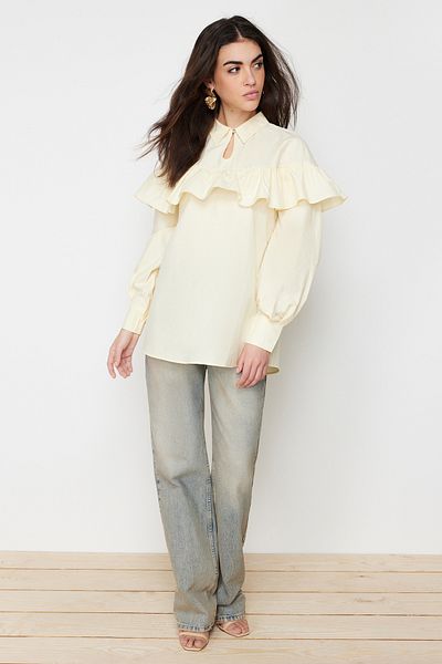 Trendyol Modest Gewebte Tunika aus Baumwolle mit Rüschendetail in Stein TCTSS24UK00007
