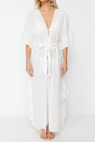 Trendyol Collection Ecru Belted Maxi Woven Ruffle Kimono&Kaftan TBESS24KM00030