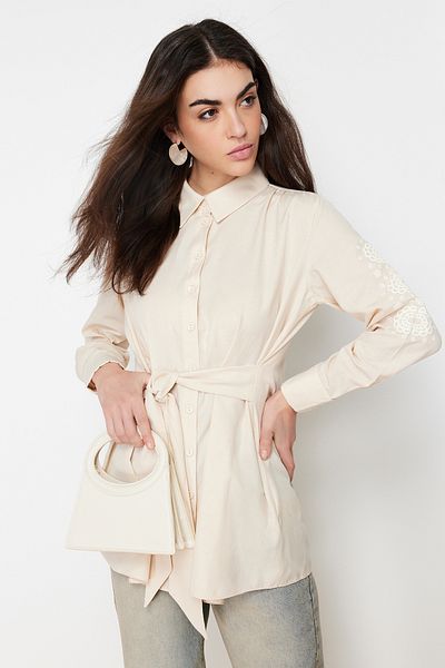 Trendyol Modest Pamut szőtt ing – kő ujjú nyomott, TCTSS24TG00038