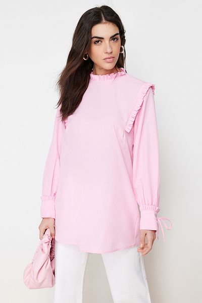 Trendyol Modest Tunica roz din bumbac cu volane pentru umeri si mansete TCTSS23UK00083