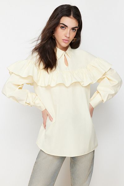 Trendyol Modest Gewebte Tunika aus Baumwolle mit Rüschendetail in Stein TCTSS24UK00007