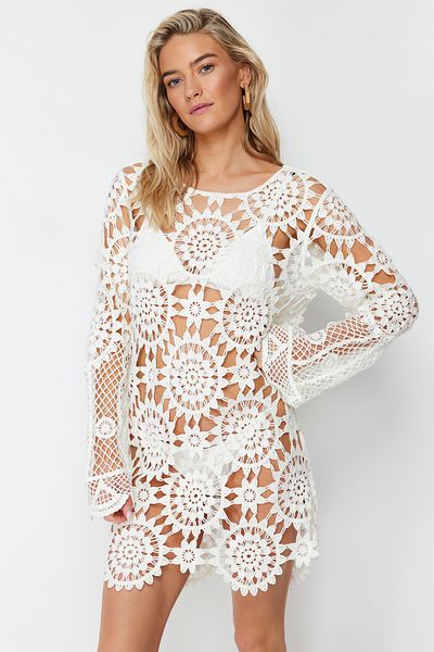 Trendyol Collection Knitwear Look White Mini Beach Dress - TBESS24EL00026