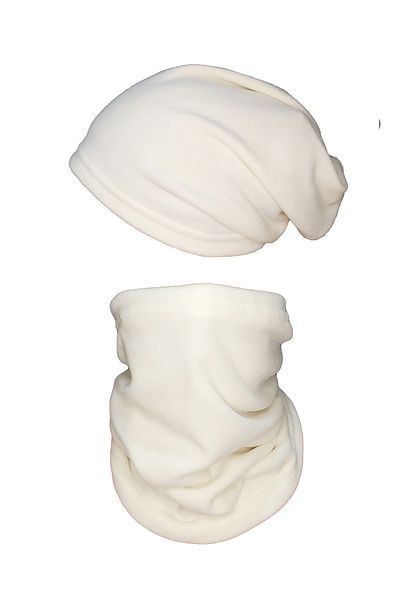Mrey Women's Ecru Thermal Winter Fleece Closed Fingers Gloves Drawstring Beret Neck Collar Hat Set of 2