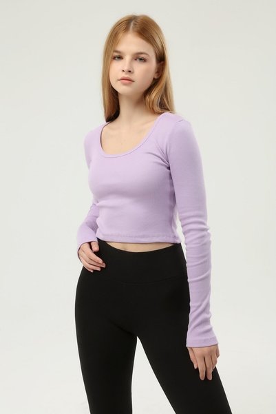 LAENT Kadın Lila Bisiklet Yaka Uzun Kollu Fitilli Örme Crop Bluz