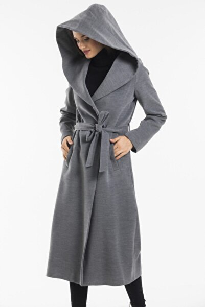 PİTTİ COLLECTİON Women's Gray Hooded Lined Long Cashmere Coat 70481