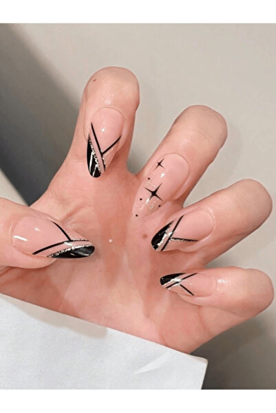 TipsArt Siyah Simli Badem 24’lü Takma Tırnak Seti ve Zararsız Yapıştırıcı