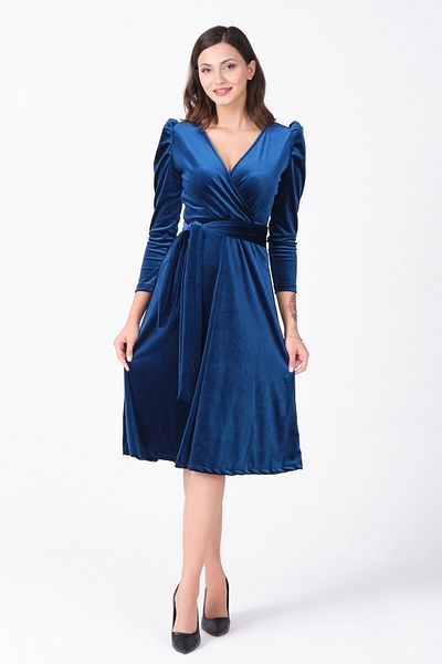 Azra Style Rochie Midi din Catifea Albastru Petrol - Guler dublu si cu centura Plus Size