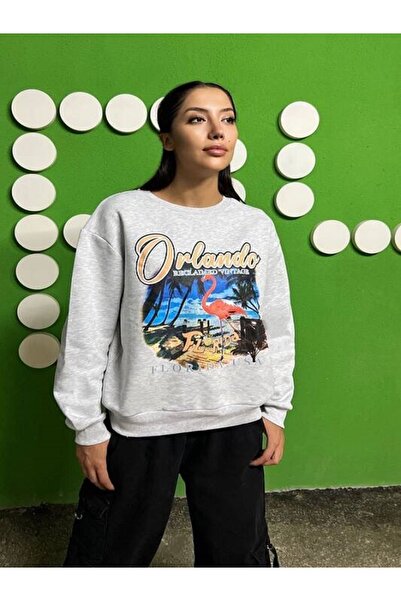 Kadın Gri Flamingo Baskılı Sweatshirt