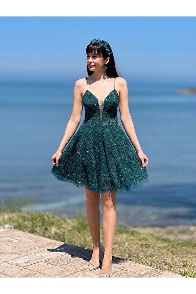 stargate Yeşil Simli Kumaş Askılı Mini Elbise