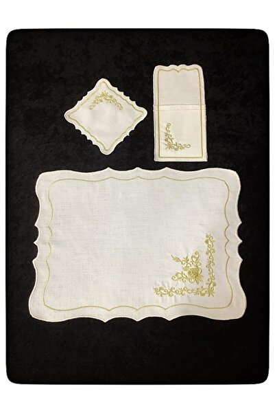 ÇeyizHan 18 Parça - Maraş Işi Sırma Nakış Işlemeli Keten Amerikan Servis Takımı