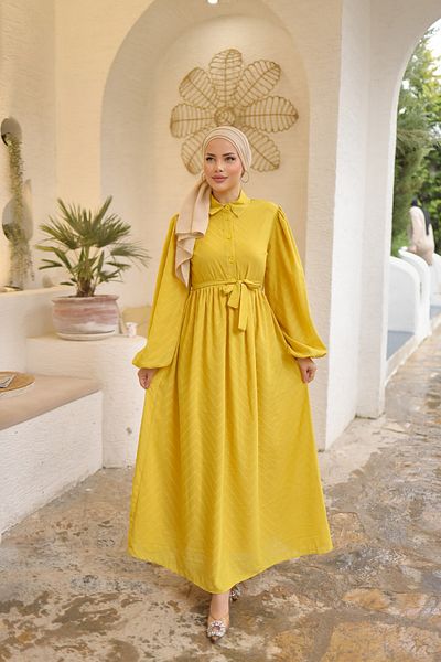 PİNK FLY Cut Chiffon Neck Lined Shirt Collar Long Women's Balloon Sleeve Hijab Dress