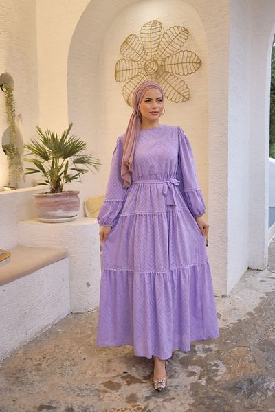 PİNK FLY Belted Lace Detailed Cutout Chiffon Neck Lined Long Women's Balloon Sleeve Hijab Dress