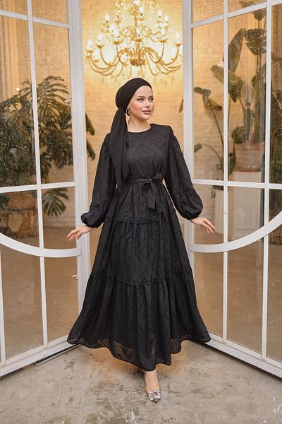 PİNK FLY Belted Lace Detailed Cutout Chiffon Neck Lined Long Women's Balloon Sleeve Hijab Dress