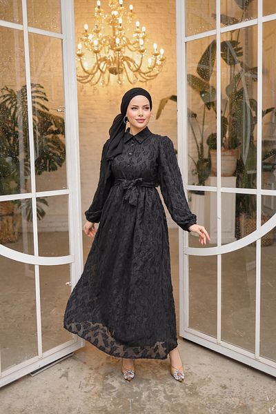 PİNK FLY Rochie hijab cu mânecă cu balon, cu dantelă, guler de cămașă, cu decupaj, șifon, gât, căptușită