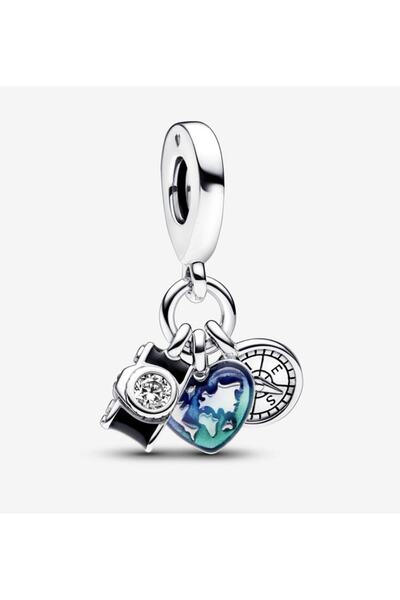 POSEİDONS JEWELLERY Kamera, Kalp ve Pusula Üçlü Sallantılı Charm