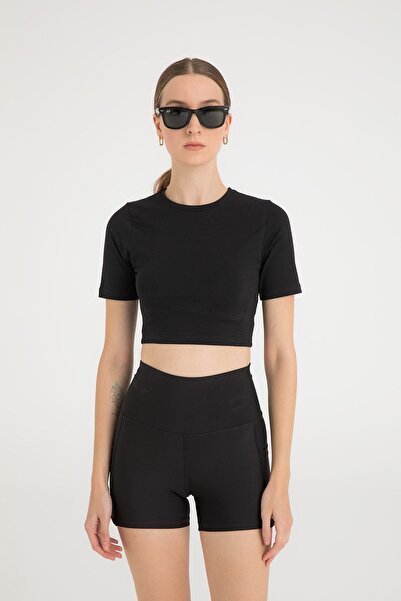 SHEISMONO Βαμβακερή στρογγυλή λαιμόκοψη κοντό μανίκι Crop Top Μαύρο