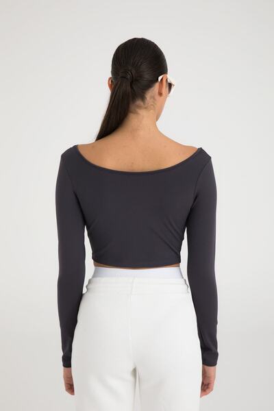 SHEISMONO Soft Touch Oval Collar Short Blouse Smoked