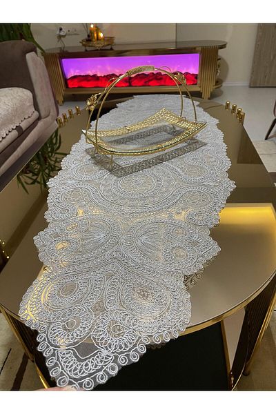 Tekstilsa Luxury Runner Living Room Coffee Table Tablecloth French Laced Dowry (GREY)1 Piece New Runner (133X45CM)