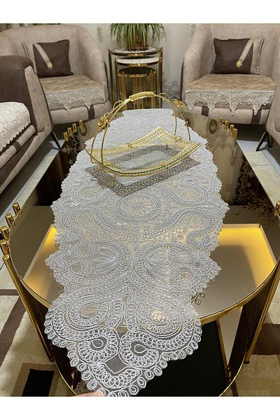 Tekstilsa Luxury Runner Living Room Coffee Table Tablecloth French Laced Dowry (GREY)1 Piece New Runner (133X45CM)