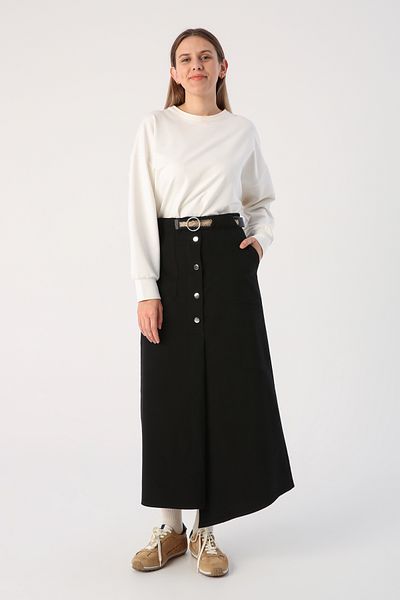 ALLDAY Black 100% Cotton Asymmetrical Skirt with Belt and Snap Fasteners