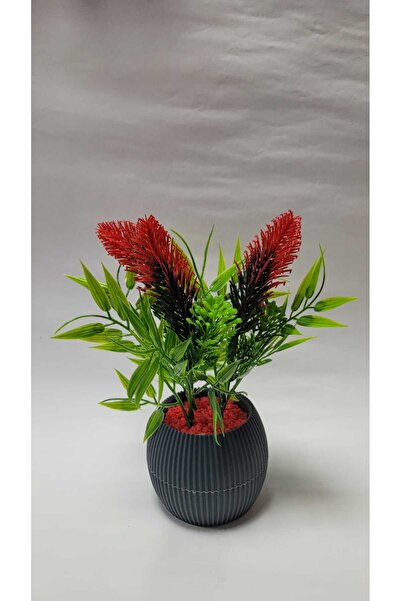 La bella bazar نبات صناعي أخضر في وعاء صغير من الحجر الأحمر مقاس 17 سم لتزيين طاولة المطبخ والحمام