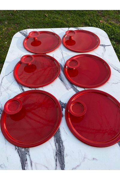 Aslı Hediyelik 2 Model 6-Piece Red Round Tray and 6-Piece Red Macaron Bowl Coffee and Pastry Serving Presentation Tray