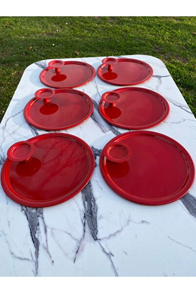 Aslı Hediyelik 2 Model 6-Piece Red Round Tray and 6-Piece Red Macaron Bowl Coffee and Pastry Serving Presentation Tray
