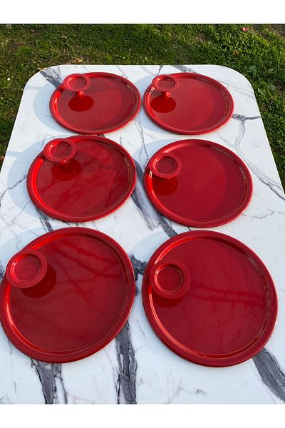 Aslı Hediyelik 2 Model 6-Piece Red Round Tray and 6-Piece Red Macaron Bowl Coffee and Pastry Serving Presentation Tray