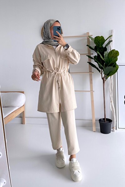 Ka Hijab Beige Color Hooded Hijab Set - Zipper Closure