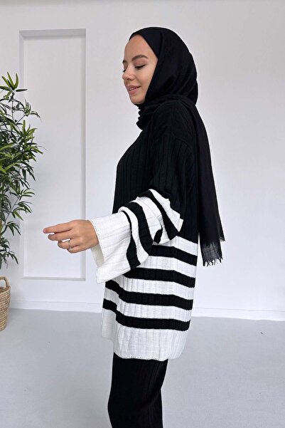 Ka Hijab Set de tricotaje Hijab cu dungi de culoare dublă - negru