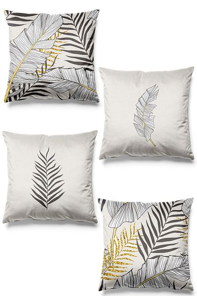 Pilloveland Set de 4 huse de pernă din piele intoarsa cu model palmier auriu imprimat pe doua fete