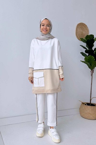 Ka Hijab Μανίκια 2 τεμαχίων Hijab με διπλή ρίγα - Λευκό