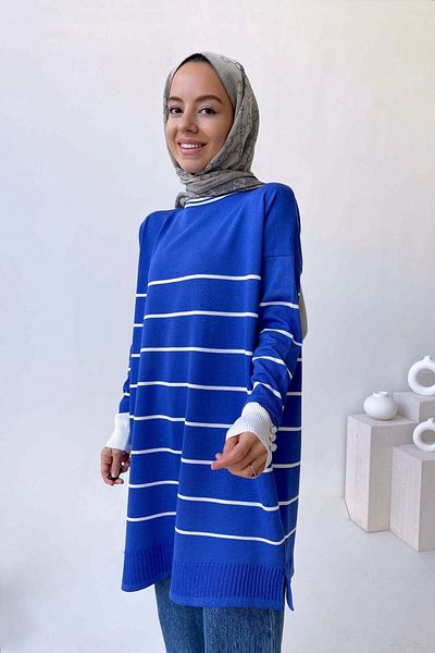 Ka Hijab Crew Neck ριγέ Mercerized Tunic - Indigo