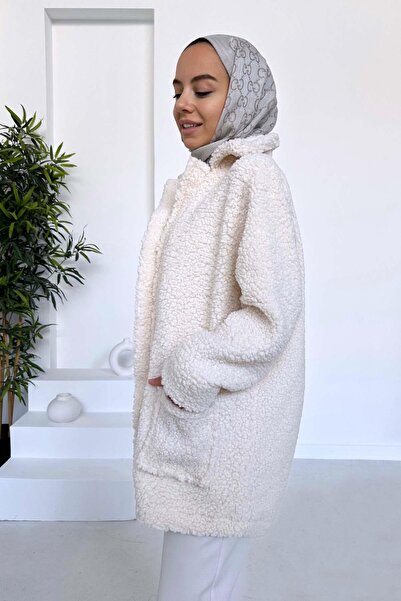 Ka Hijab Lined Double Pocket Plush Hijab Coat - Beige