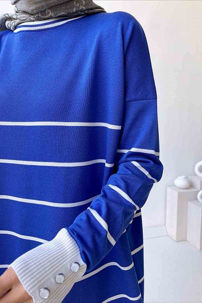 Ka Hijab Crew Neck ριγέ Mercerized Tunic - Indigo